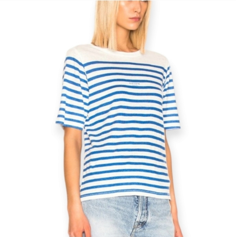 Acne Studios Linen Short Sleeve T-Shirt Beige and Blue Stripes Size XS